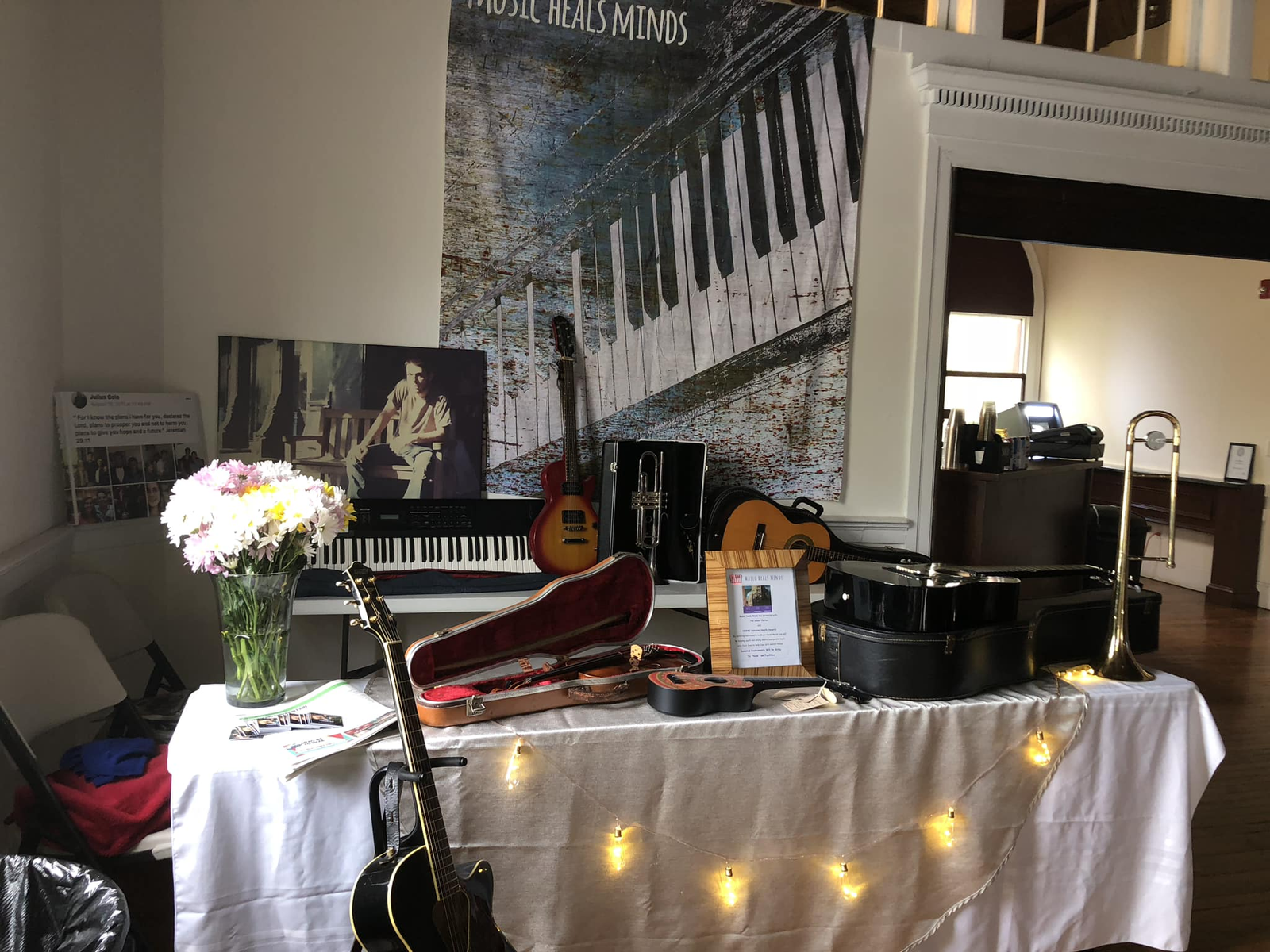 Music Heals Minds event display with instruments